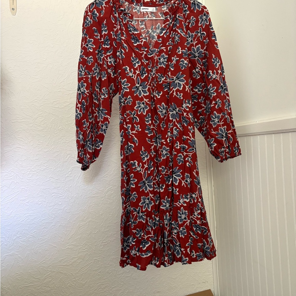Vibrant Red Floral Dress with Blue and White Details